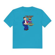 a blue t - shirt with an image of a man holding a hamburger