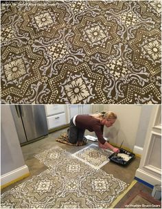 a woman laying on the floor in front of a rug and painting it with paint