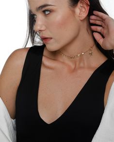 "♦ Unique and designed chain choker made of 2-micron gold plated brass, decorated with a small starfish on the side of the choker, very delicate and suitable for any appearance . You have A year warranty for the color. You can order this choker in sterling silver. SIZE: 13.8\"/30 cm up to 15\"(38cm) with an option to expand up to an additional 2.7\"/7 cm. Pendant height: 0.39\"(1cm) Width pendant: 0.39\"(1cm) Width chain: 0.24\" (0.6CM) ♦ This piece of jewelry is perfect as a gift for yourself, Gold Charm Necklace With Starfish Charm, Trendy Gold Plated Charm Choker Necklace, Trendy Gold-plated Charm Choker Necklace, Trendy Choker Necklace With Star Charm, Gold-tone Clavicle Chain Choker Necklace, Clavicle Chain Choker Necklace, Gold Plated Choker Charm Necklace With Adjustable Chain, Elegant Chain Necklace With Star Charm, Chic Clavicle Chain Choker Necklace