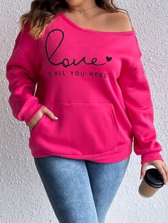 Hot Pink Casual Collar Long Sleeve Fabric Heart,Slogan Pullovers Embellished Slight Stretch  Women Plus Clothing Plus Size Sweatshirts, Ankle Socks Women, Fabric Heart, Dropped Shoulder Sweatshirt, Love Print, Casual Athletic, Plus Size Kleidung, Oversized Sweatshirt, Long Sleeve Sweatshirts