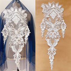 two different images of white lace and sheer blue veils on mannequins