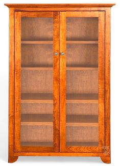 a wooden book case with glass doors