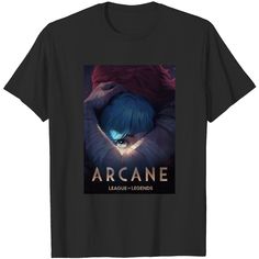 a black t - shirt with an image of the character arcane on it's chest