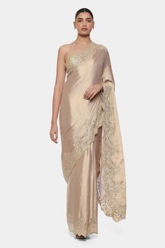 Gold saree with floral embroidered border. Comes along with running blouse piece. - Aza Fashions Elegant Cotton Silk Pre-draped Saree With Embroidered Border, Reception Saree Blouse With Embroidered Border, Pre-draped Saree With Embroidered Border For Reception, Transitional Pre-draped Saree With Embroidered Border For Reception, Reception Blouse With Embroidered Border And Traditional Drape, Art Silk Pre-draped Saree With Embroidered Border For Reception, Traditional Cotton Silk Pre-draped Saree With Embroidered Border, Embroidered Pre-draped Saree For Reception, Silk Saree With Embroidered Border For Reception