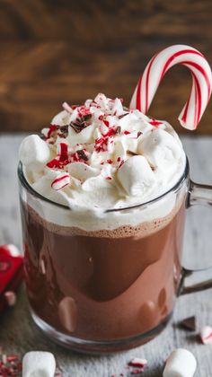 a hot chocolate drink with marshmallows and candy cane