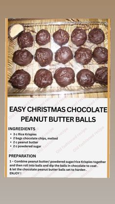 chocolate peanut butter balls in a basket with instructions on how to bake them for christmas