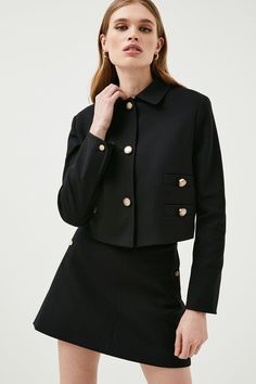 Channel A Retro Sixties Vibe In This Beautifully Cut Cropped Jacket. Detailed With Glossy Gold Buttons And A Curved Collar, This Versatile Long-Sleeved Design Speaks Of Easy Luxury And Pairs Perfectly With Our Matching Mini Skirt. Cute Cropped Jackets, Channel Coat, Cropped Jacket Outfit, Black Channel, Chanel Tweed Jacket, Black Dress Jacket, Cropped Jackets, Trends 2025, Ladies Short Jackets