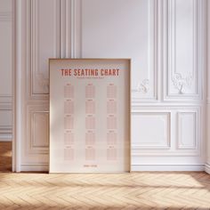 the seating chart is displayed in front of a white wall and wooden floor with parquet floors