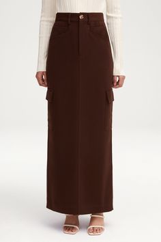 Blake Utility Maxi Skirt - Brown Clothing Veiled Maxi Cargo Skirt Outfit, Maxi Cargo Skirt, Cargo Skirt Outfit, Long Brown Skirt, Facial Routine, White Dress Formal, Nikkah Dress, Utility Skirt, Utilitarian Style