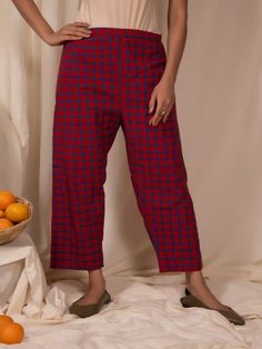 Red blue check A-Line tunic and pants come in Set of 2 100% Cotton Fabric Block printed check cotton fabric A-line, Comfortable Fit Front buttons and pockets Pencil pants, elasticated waist, comfortable hip Measurements: Tunic - S - Shoulder-14.5”, Bust-36”, Waist-33” M - Shoulder-15”, Bust-38”, Waist-35” L - Shoulder-15”, Bust-40”, Waist-37” XL - Shoulder-15.5”, Bust-42”, Waist-39” XXL - Shoulder-16”, Bust-44”, Waist-41” Length - 46" Pants - S- Waist 28"(elasticated), Hip- 40" M- Waist 30"(elas Cotton Gingham Pants For Fall, Gingham Cotton Pants For Fall, Fall Gingham Cotton Pants, Plaid Cotton Straight Leg Pants, Cotton Plaid Pants For Workwear, Plaid Cotton Workwear Bottoms, Plaid Cotton Bottoms For Work, Plaid Cotton Bottoms With Elastic Waistband, Plaid Straight Leg Cotton Pants