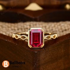 MADE TO ORDER * Material: 925 Sterling Silver / Platinum / Solid Gold (10K/14K/18K white/yellow/rose gold) * DETAILS ✥ Engagement Ring - Center Stone: Lab Created Red Ruby - Center Stone Size:Emerald cut 5*7mm - Center Stone  Carat Weight: Approx 1.0ct - Band Width: Approx 1.4mm ✥ O T H E R ∙ I N F O R M A T I ON ✥ ♦ Your item will be nicely packed to gift in elegant jewelry boxes. ♦ Custom Order We can make custom rings in almost any shape and style. If you want a specific model, please send us a clear picture and we will do our best. ♦ Shipping Most items take 3-4 weeks to create.I'm happy to rush your order, fees may apply, write me for details. ♦ Payment Plans I offer payment plans. The minimum per payment will be $100. Write me your finger size, metal color, How much you would like to Luxury Yellow Gold Rectangular Ruby Ring, Heirloom Yellow Gold Ruby Ring With Halo Design, Heirloom Ruby Ring In Yellow Gold With Halo Design, Formal Gold Jewelry With Lab-created Ruby, Gold Ruby Ring For Marriage, Fine Jewelry Gold Ruby Ring For Marriage, Yellow Gold Ruby Rings With Halo Design, Gold Jewelry With Lab-created Ruby As A Gift, Fine Gold Ruby Ring For Marriage