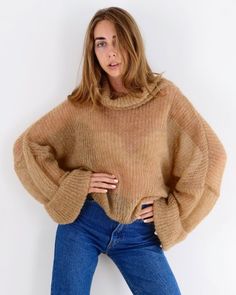 Camel beige mohair turtleneck sweater Oversized light sweater Loose knit sweater Chunky short sweate Big Sweater, Bohemian Sweater, Boho Pullover, Loose Knit Sweater, Sweater Chunky, Woolen Sweaters, Oversized Turtleneck Sweater, Big Sweaters, Fashion Pics