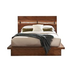 a bed with wooden headboard and foot board, made from solid wood in the shape of a frame