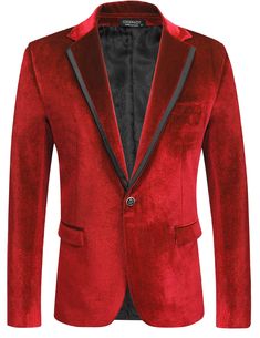 This Men's Designer Style Velvet Lapel Long Sleeve Blazer is perfect for formal occasions. It features a luxurious velvet lapel and long sleeves for a classic look. Enjoy the comfort and ease of a modern blazer without compromising on style. LUXURIOUS FABRIC: This mens velvet blazer is made from 95% Polyester and 5% Spandex. Velvet fabric create a stylish and lustrous look. Gives a unique sense of dignity. Imported Polyester lining Button closure Luxury Red Blazer With Lapel Collar, Luxury Red Suits For Winter, Winter Velvet Suits With Lapel Collar, Single Breasted Velvet Suit For Winter, Formal Winter Velvet Outerwear, Winter Single Breasted Velvet Suit, Winter Velvet Single Breasted Suit, Winter Velvet Single-breasted Suit, Red Single Button Formal Blazer