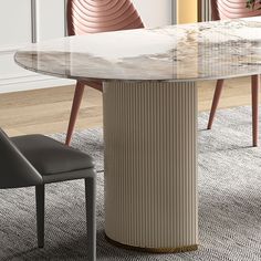 a marble table with two chairs around it