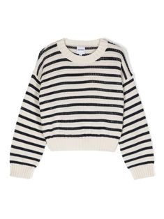 navy blue/white cotton knitted construction crochet panelling horizontal stripe pattern mini logo tag to the side crew neck drop shoulder long sleeves ribbed cuffs and hem straight hem Crew Neck Knit Sweater With Striped Cuffs, White Striped Hem Sweater For Winter, Cotton Sweater With Striped Hem For Winter, White Long Sleeve Sweater With Striped Hem, Navy Casual Sweater With Contrast Stripes, White Knit Sweater With Contrast Stripes, Withe Sweater, Birthday Wishlist Clothes, Construction Crochet