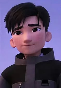 an animated character with black hair wearing a gray shirt and jacket, looking at the camera