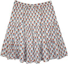 A tiny flower shower on a white three-tiered short skirt that also has a slightly crinkled effect.  This summer skirt is lined with cotton fabric on the inside and its volume, wider hemline, and all-over floral print give it character. #tlb #Crinkle #TieredSkirt #Floral #Printed #XLPlus #BeachSkirt #TieredSkirt #FloralSkirt Floral Print Cotton Tiered Mini Skirt, Cotton Floral Print Tiered Mini Skirt, White Tiered Cotton Skirt, White Tiered Ruffled Mini Skirt, White Bohemian Mini Skirt With Floral Print, Bohemian White Mini Skirt With Floral Print, Flowy Tiered White Mini Skirt, White Flowy Tiered Mini Skirt, White Tiered Flowy Mini Skirt