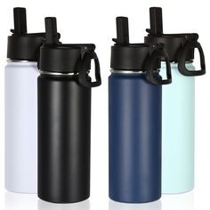 three different colored water bottles sitting next to each other on a white surface with black handles