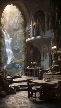 the interior of a fantasy castle with waterfall and dining room table set up in front of it