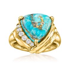 Ross-Simons - Turquoise, .15ct t. w. Diamond Ring in 18kt Gold Over Sterling. Size 8. Starting off earthy and ending with a touch of glam, this stylish statement ring presents a 12x12mm triangular stabilized turquoise cabochon sparked at one side by .15 ct. t. w. round brilliant-cut diamonds. Finely crafted in polished 18kt yellow gold over sterling silver. 5/8" wide. Diamond and turquoise ring. Modern Turquoise Jewelry, Turquoise Rings, Round Brilliant Cut Diamond, Diamond Stone, Turquoise Jewelry, Blue Stone, Turquoise Stone, Statement Ring, Round Brilliant