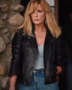 Beth Dutton Black Leather Jacket Beth Dutton Style, Grey Peacoat, Kelly Reilly, Strong Female Lead, Beth Dutton, Black Leather Biker Jacket, Western Jacket, Celebrity Outfits, Black Leather Jacket