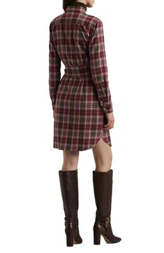 A removable tie belt cinches the silhouette of this plaid shirtdress framed by long sleeves and designed with signature branded buttons to elevate the look. Front button closure Spread collar Long sleeves with one-button cuffs Removable tie belt Chest button-flap patch pockets; side-seam pockets 100% cotton Machine wash, line dry Imported Classic Fall Button-up Shirt Dress, Classic Shirt Dress For Fall With Placket, Classic Spread Collar Shirt Dress For Fall, Classic Shirt Dress With Spread Collar For Fall, Plaid Shirt Dress With Button Closure For Daywear, Classic Fitted Plaid Dress For Fall, Plaid Shirt Dress With Buttons For Work, Long Sleeve Plaid Dress For Work, Classic Knee-length Plaid Dress