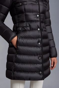 Black Hirma Long Down Jacket - Long Down Jackets for Women | Moncler US Classic Fitted Outerwear With Detachable Hood, Classic Long Sleeve Outerwear With Functional Buttons, Luxury Outerwear With Stand Collar And Pockets, Fitted Long Sleeve Outerwear With Functional Buttons, Luxury Outerwear With Detachable Hood And Long Sleeves, Luxury Long Sleeve Outerwear With Detachable Hood, Classic Winter Outerwear With Functional Buttons, Luxury Long Sleeve Outdoor Outerwear, Luxury Puffer Jacket For Cold Weather