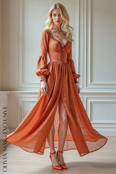 Olivia Mark - Vibrant Rust Floral Long Sleeve Wrap Front Maxi Dress Orange Fitted Long Sleeve Maxi Dress, Fitted Orange Long Sleeve Maxi Dress, Fitted Orange Maxi Dress For Fall, Living Art, Off The Shoulder Dress, Feminine Beauty, Long Sleeve Maxi, Floral Patterns, Olivia Mark