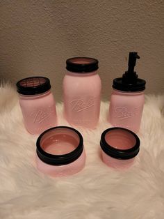 * Set of 5 * Toothbrush holder & soap dispenser jars * Candy pink color with black lids * other colors available  Hi, All custom orders WELCOME... ( I will change the description before you purchase on ALL CUSTOM ORDERS & SALES ARE FINAL NO RETURNS. THANKS Pink And Black Bathroom Decor, Bathroom Decor Apartment Girly, Pink And Black Bathroom, Pink Bathroom Accessories, Black Kitchen Decor, Black Bathroom Decor, Bathroom Decor Apartment, Pink Bathroom, Accessories Diy