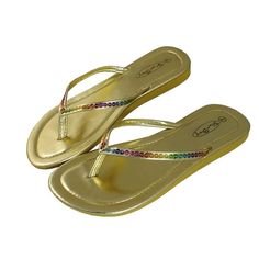 Simple and elegant flip flop sandals with rainbow sequin straps Size: 5.  Color: Gold.  Gender: female.  Age Group: adult.  Pattern: metallic. Velcro Rollers, Metallic Rainbow, Thong Sandals, Flip Flop, Flip Flop Sandals, Gender Female, Womens Sandals, Clothing And Shoes, Flip Flops