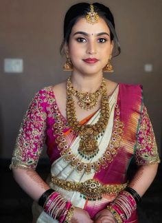 Bridal collections Muhurtham Saree South Indian Bride Blouse Designs, South Indian Bride Jewellery Gold, Bridal Jewellery Telugu, Bridal Sets Indian Wedding Jewelry, Telugu Bride Muhurtham Look, South Indian Bride Jwellary, Simple Hairstyle For Saree, South Indian Bride Jewellery, Marriage Makeup