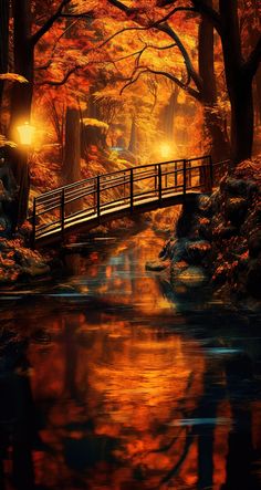 a painting of a bridge over a river in the woods at night with lights on