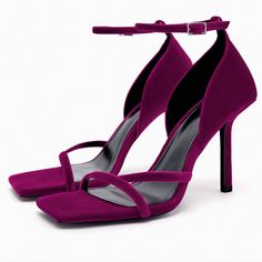 Zara Heeled Velvet Sandals Purple Pointed Toe Sandals For Night Out, Purple Ankle Strap Heels For Night Out, Purple Sandals With Wrapped Heel For Evening, Purple Pointed Toe Sandals For Evening, Evening Purple Sandals With Wrapped Heel, Purple Open Heel Heels With Buckle Closure, Purple Evening Sandals With Wrapped Heel, Chic Purple Ankle Strap Heels, Purple Heels With Buckle Closure