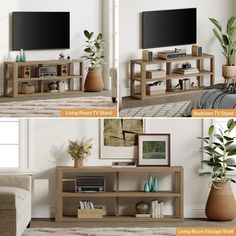 three different views of a living room tv stand and entertainment center with plants in vases