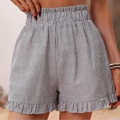 New - Never Worn Ruffle Hem Shorts High Waist Cotton Ruffle Shorts, Summer Cotton Shorts With Ruffles, Summer Cotton Ruffle Shorts, Ruffled Cotton Shorts For Summer, White Ruffled Bottoms For Spring, Chic Striped Bottoms For Beach Season, Summer Cotton Bottoms With Ruffles, White Trendy Bottoms With Ruffle Hem, Beach Shorts With Ruffle Hem