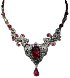 Vintage Scarlet Red Crystal Necklace Set, Vintage Jewelry, Vampire Jewelry Gothic Crystal Jewelry For Gift, Vintage Ruby Jewelry For Parties, Red Ruby Victorian Necklace, Antique Jeweled Red Jewelry, Red Gothic Necklace For Formal Occasions, Gothic Red Ruby Jewelry, Vampire Jewelry Necklaces, Necklace Vampire, Medieval Necklace