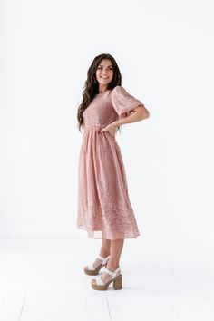 Features Smocked Dress Round Neck Puff Sleeve Light Salmon Lace Overlay Sleeves & Lace Overlay Dress 100% Polyester & 100% Polyester Lining Size + Fit Small 0-4, Medium 4-8, Large 8-12, X-Large 12-16 Kristin is 5'4", a size 1 and is wearing a Small Runs true to size. Measurements taken while laying flat and then doubled. They do no account for stretch. Click here for shoes Size Bra Band Length Small 34" 43" Medium 36" 44" Large 38" 45" X-Large 40" 46" Sunday Dresses, Flounce Dress, Light Salmon, Lace Overlay Dress, Flounced Dress, Overlay Dress, Smocked Dress, Lace Overlay, Dress 100