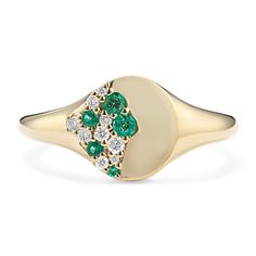 A dazzling take on the classic signet style  this floral-inspired cluster ring features intentionally placed stones for a gorgeous dipped effect. It’s carefully crafted in warm 14-karat yellow gold with natural emeralds and natural diamonds. Full of color and sparkle  it makes a stunning gift for a loved one or a special treasure for yourself. To care for natural emeralds  gently clean with mild soapy water and a soft cloth. Avoid harsh chemicals  ultrasonic jewelry cleaners  and extreme temperature changes. Resetting Engagement Ring, Jewelry Redesign, Ultrasonic Jewelry Cleaner, Gold Emerald Ring, Emerald Wedding Rings, Emerald Ring Gold, Ruby Rings, Emerald Diamond Ring, Xmas List