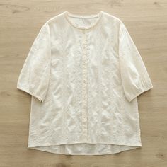 Women's Summer Shirt Top Embroidery Floral Vintage Casual Mid Sleeve Solid Shirt Cheap White Shirt With Machine Embroidery, Summer Broderie Anglaise Button-up Shirt, Cotton Button-up Blouse With Floral Embroidery, Summer Floral Embroidery Half Sleeve Tops, Spring Tops With Floral Embroidery And Half Sleeves, Long Sleeve Blouse With Embroidered Hem Relaxed Fit, Embroidered Half Sleeve Top For Summer, Relaxed Fit Long Sleeve Blouse With Embroidered Hem, Embroidered Half Sleeve Cotton Tops