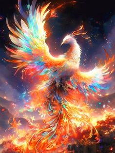 a colorful bird flying through the air with its wings spread out and it's colors are