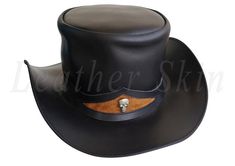 Men Handmade Black Genuine Aussie Leather Top Hat with Skeleton Fitted Leather Top Hat With Short Brim, Fitted Leather Top Hat With Flat Brim, Leather Hat Bands With Flat Crown For Formal Occasions, Black Leather Top Hat With Flat Crown, Steampunk Leather Top Hat With Flat Crown, Leather High Crown Top Hat For Rodeo, Fitted Leather Hat With High Crown, Fitted Black Leather Top Hat, Fitted Leather Top Hat With High Crown