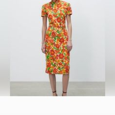 Brand New Zara Midi Dress Summer Orange Midi Dress With Floral Print, Fitted Orange Summer Dress, Fitted Orange Dress For Summer, Spring Orange Midi Dress With Floral Print, Spring Floral Print Orange Midi Dress, Orange Floral Print Midi Dress For Spring, Spring Orange Floral Print Midi Dress, Orange Short Sleeve Midi Dress For Garden Party, Orange Fitted Knee-length Midi Dress