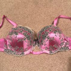 Nwot Victoria’s Secret Dream Angela Pink/Grey Lace Bra. Size 32dd. Lined Demi. Adjustable Straps. Pink Stretch Bra For Party, Pink Stretch Party Bra, Party Stretch Pink Bra, Pink Padded Party Bra, Party Pink Bra With Padded Cups, Grey Lace, Cute Bras, Beautiful Bra, Sleep Wear