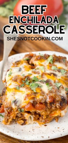 Beef enchilada casserole on a white plate. 2 Night Dinners, Quick Enchilada Casserole, Casseroles With Tortillas, Easy Enchilada Bake, Mexican Food Casseroles, Baked Enchilada Casserole, Mexican Recipes For Two, Beef Tortilla Casserole, Enchilada Bake Casserole