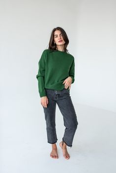 This green merino wool sweater for women is is made of soft and delicate pure merino wool. The standard length of the sweater in size M is 62 cm / 24.4 inches. A versatile design you can style your own way. This timeless sweater is a classic wardrobe piece. Long sleeve crew neck sweater, in Italian 100% merino wool yarn. Soft to the touch, it has an excellent feeling of thermal protection. Material: 100% merino wool.  If you want to make a personal order, you can request the desired color. I will try to find it and knit a sweater for you.  For this, please contact me. I'm happy to help you. We use leftover yarn from the production of collections of well-known premium brands. Therefore, we often have a limited amount of yarn in each color. And each product is unique. Treat yourself to the w Green Sweater Outfit, Beige Oversized Sweater, Timeless Sweater, Classic Wardrobe Pieces, Leftover Yarn, Fine Knit Sweater, Alpaca Sweater, Knit Alpaca, Sweater For Women