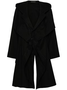 black cotton twill weave classic hood concealed front press-stud fastening drop shoulder long button-fastening sleeves two side button-fastening pockets rear slit curved hem mid-length Lapel Coat, Long Sleeve Outerwear, City Dress, Twill Weave, Trench Coat Black, Oversized Coat, Cotton Coat, Parka Coat, Summer Beach Wear