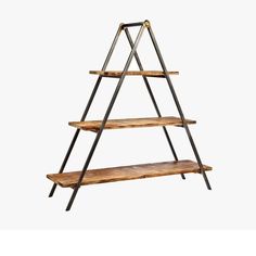 three tiered wooden shelf with metal legs and two shelves on each side, in the shape of a triangle