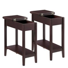 two brown end tables with one drawer open and the other closed, both side by side