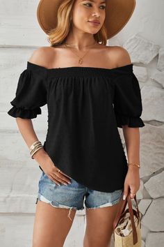 F00239469-405 Casual Off-shoulder Ruffle Tops, Casual Solid Color Off-shoulder Top, Casual Off-shoulder Blouse With Ruffles, Casual Puff Sleeve Solid Color Tops, Summer Solid Color Puff Sleeve Blouse, Casual Black Chiffon Top, Casual Puff Sleeve Tops In Solid Color, Black Chiffon Short Sleeve Blouse, Off-shoulder Chiffon Blouse